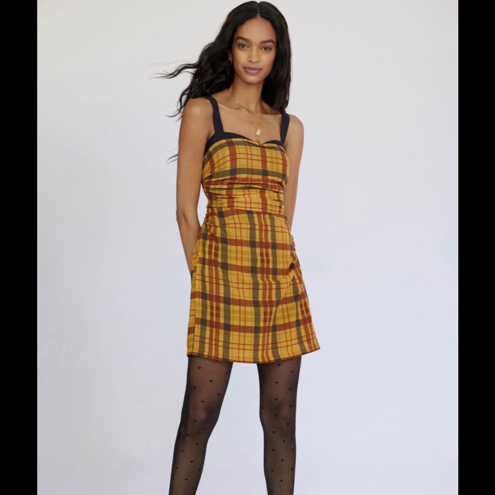 Let Me Be Plaid Mini Dress in Yellow and Red Plaid by Anthropologie size M NWT